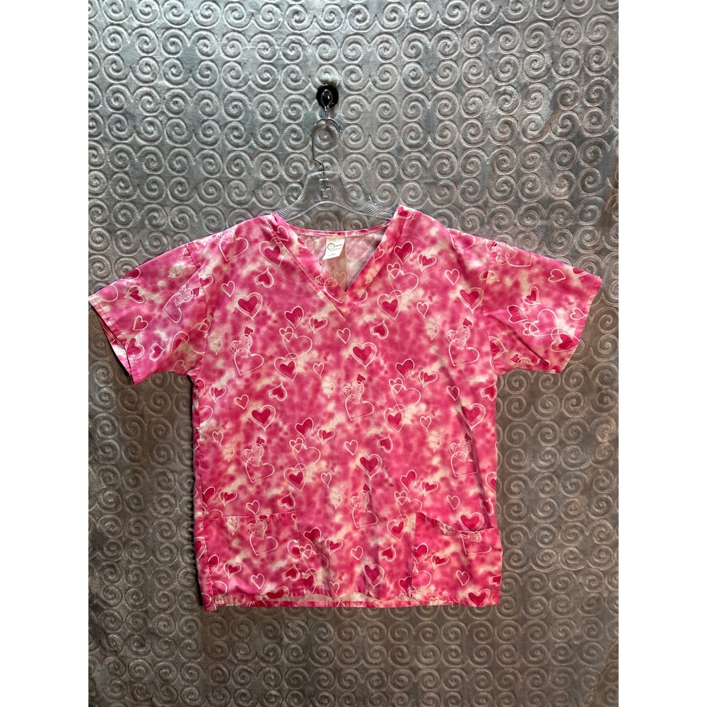 Scrubtime Pink Heart Print Scrub Top‎ V-Neck Short Sleeve Made USA Women's M